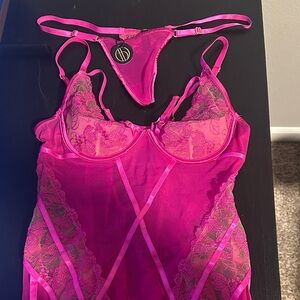 Vibrant Pink Lace Chemise Set